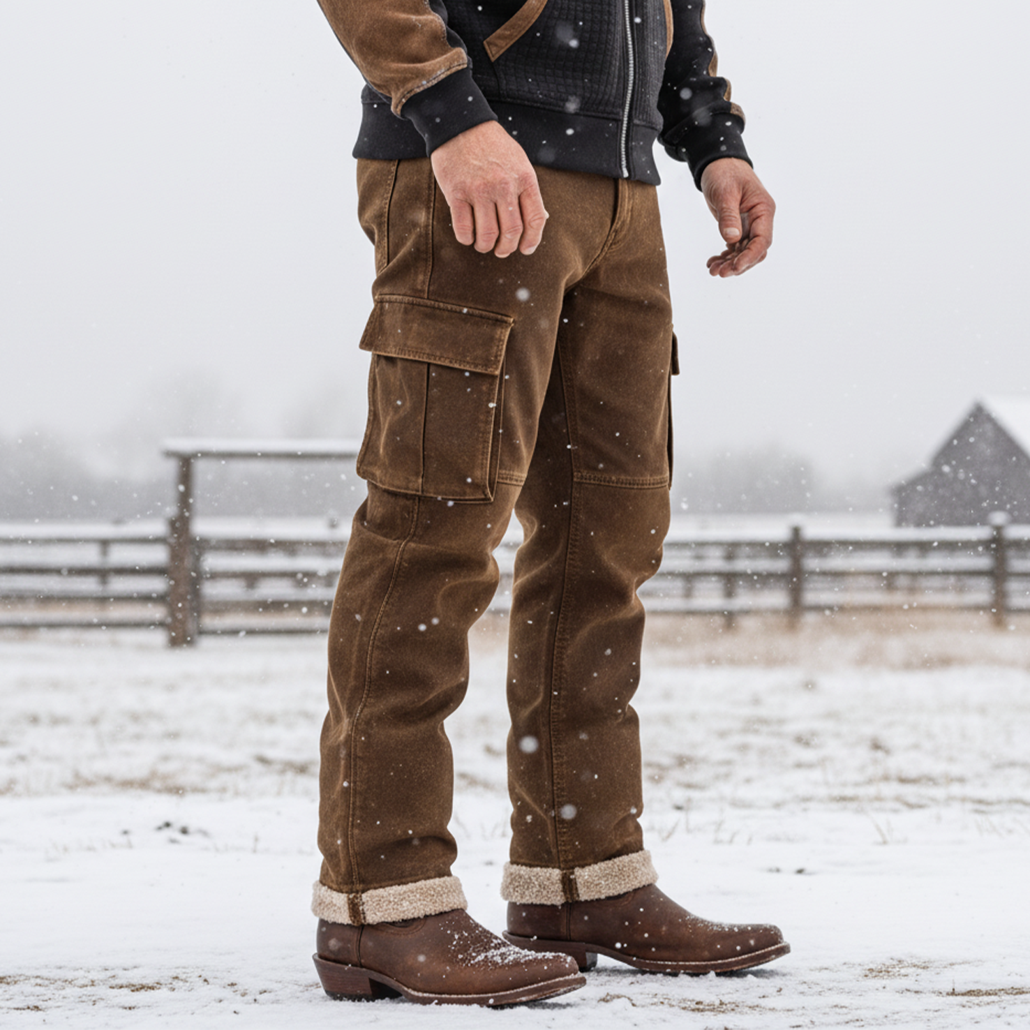Men's Vintage Brown Leather Cargo Trousers With Wool Decoration