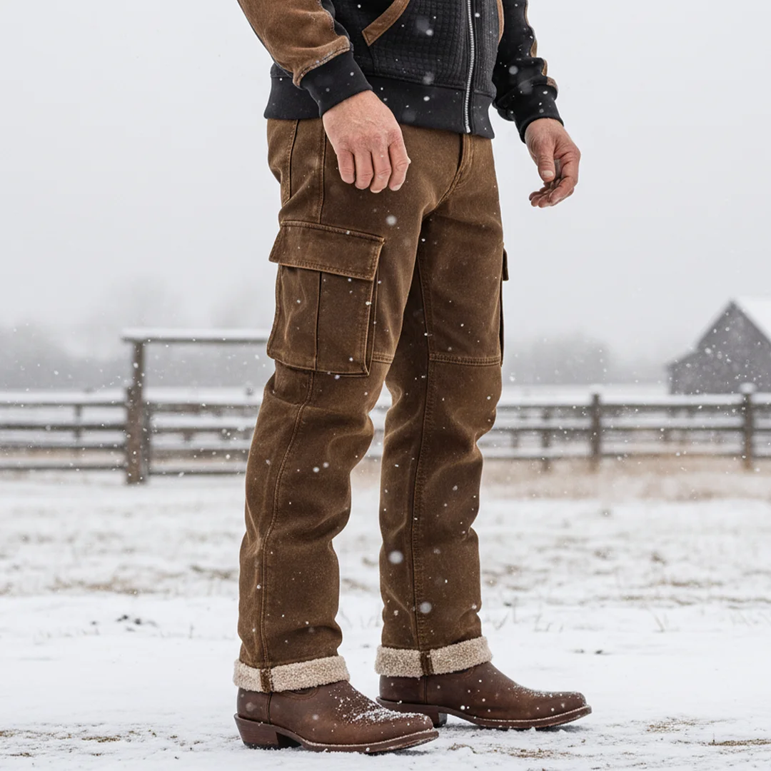 Men's Vintage Brown Leather Cargo Trousers With Wool Decoration