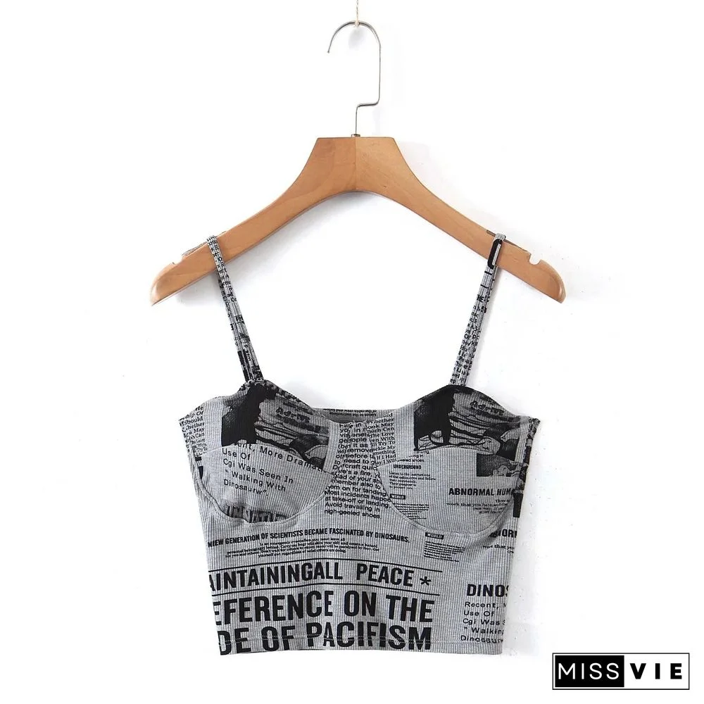 Fashion Retro Newspaper Print Camisole Summer Top With Padded Breasts Harajuku Y2K Tops Women Ropa Mujer Топы