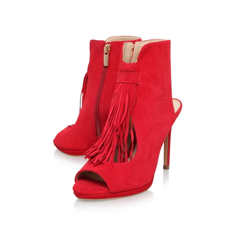 Red Fringe Summer Boots Cut out Peep Toe Vegan Suede Slingback Shoes |FSJ Shoes