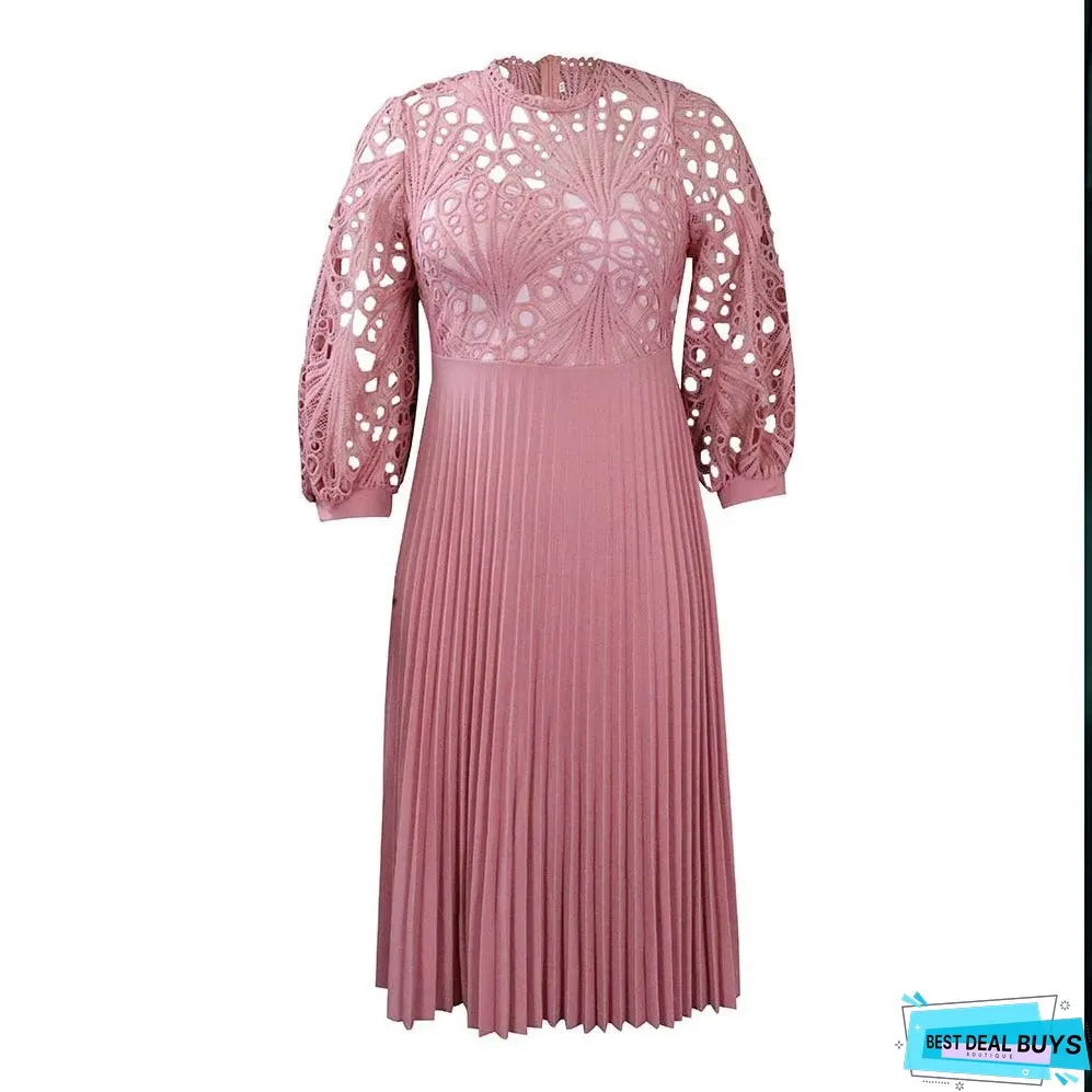 Large size lace crochet sexy openwork pleated dress dress