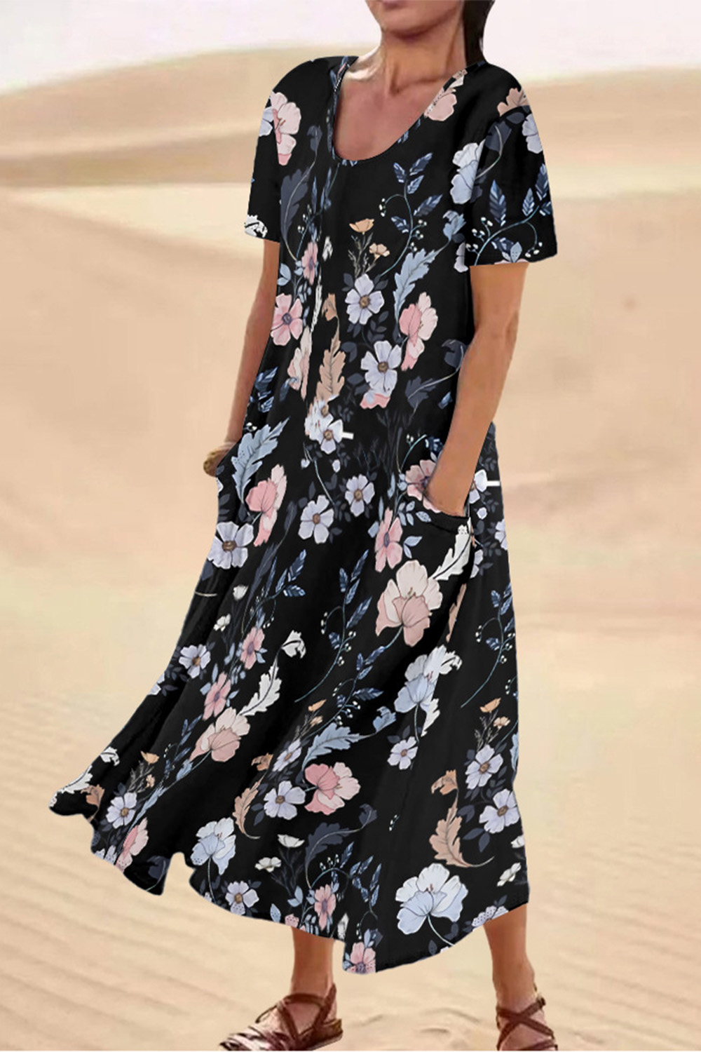 Plus Size Vacation Blue Floral Print Pocket Short Sleeve Midi Dress 2024 - Flycurvy 