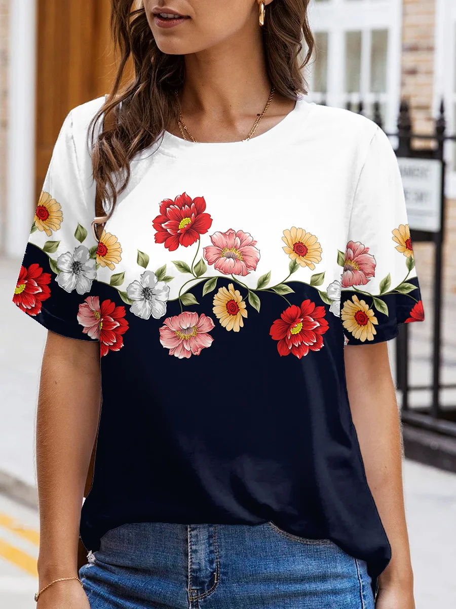 Crew Neck Casual Floral Tops
