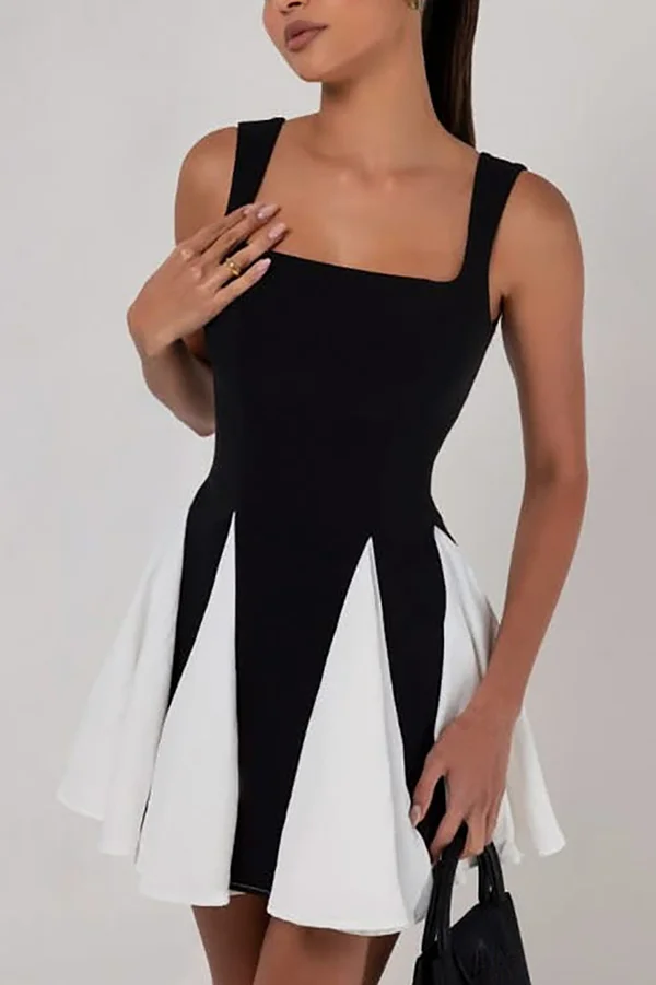 Elegant Contrast Stitching Suspenders Slim Mini Dress