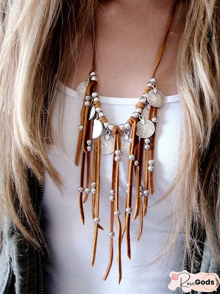 Boho Suede Beaded Fringe Necklace Leather Sweater Chain