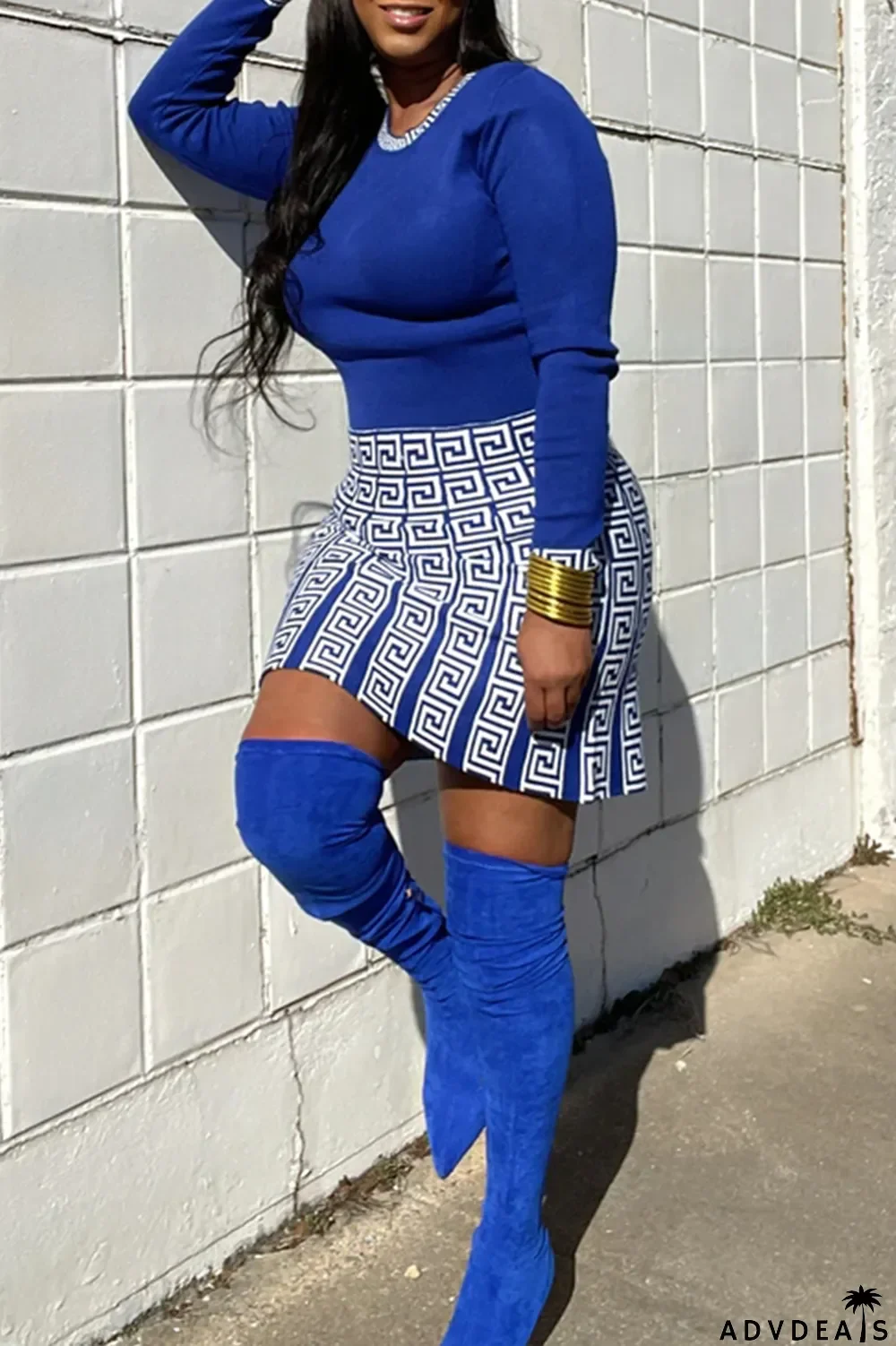 Pink Fashion Print Patchwork O Neck Long Sleeve Two Pieces