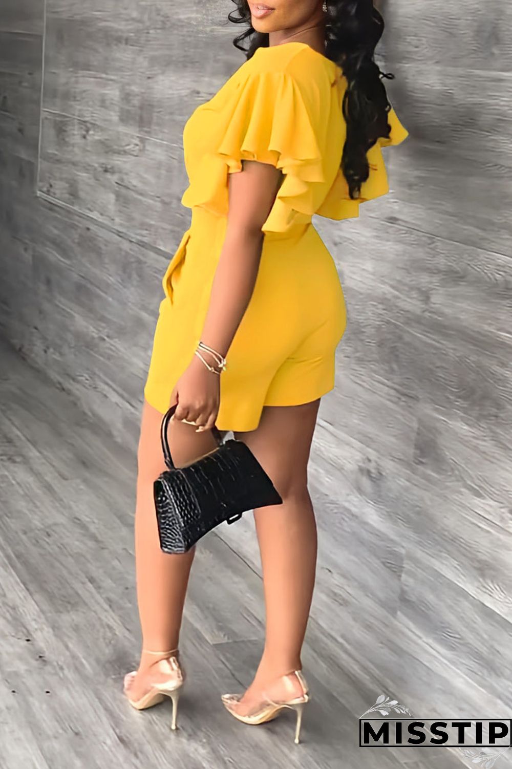 Yellow Casual Solid Patchwork Flounce V Neck Short Sleeve Two Pieces