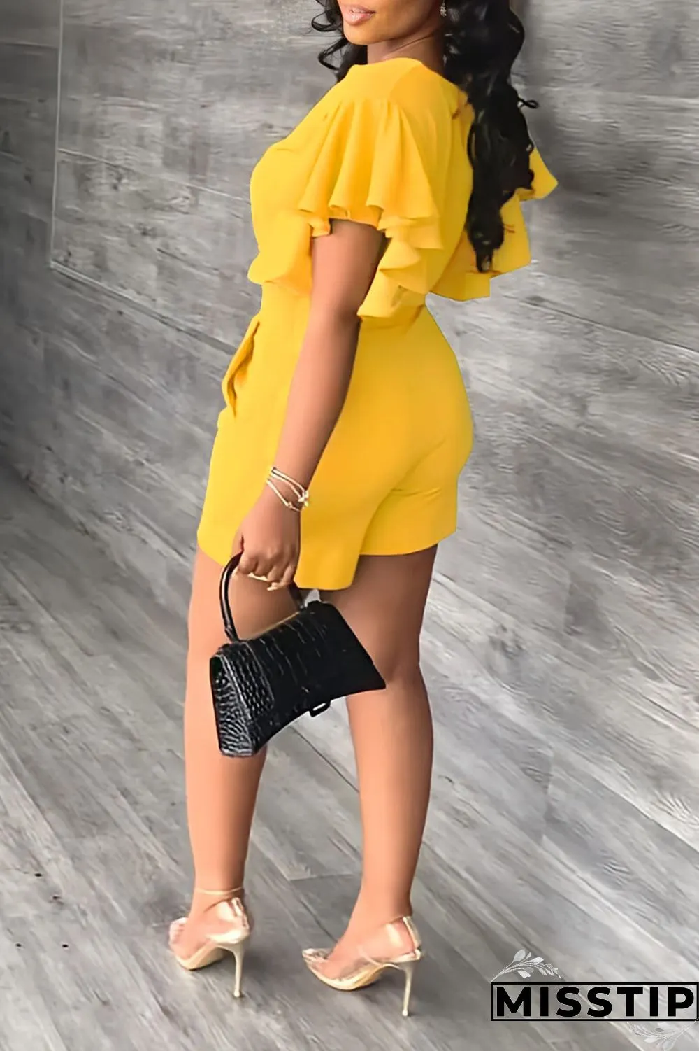 Yellow Casual Solid Patchwork Flounce V Neck Short Sleeve Two Pieces