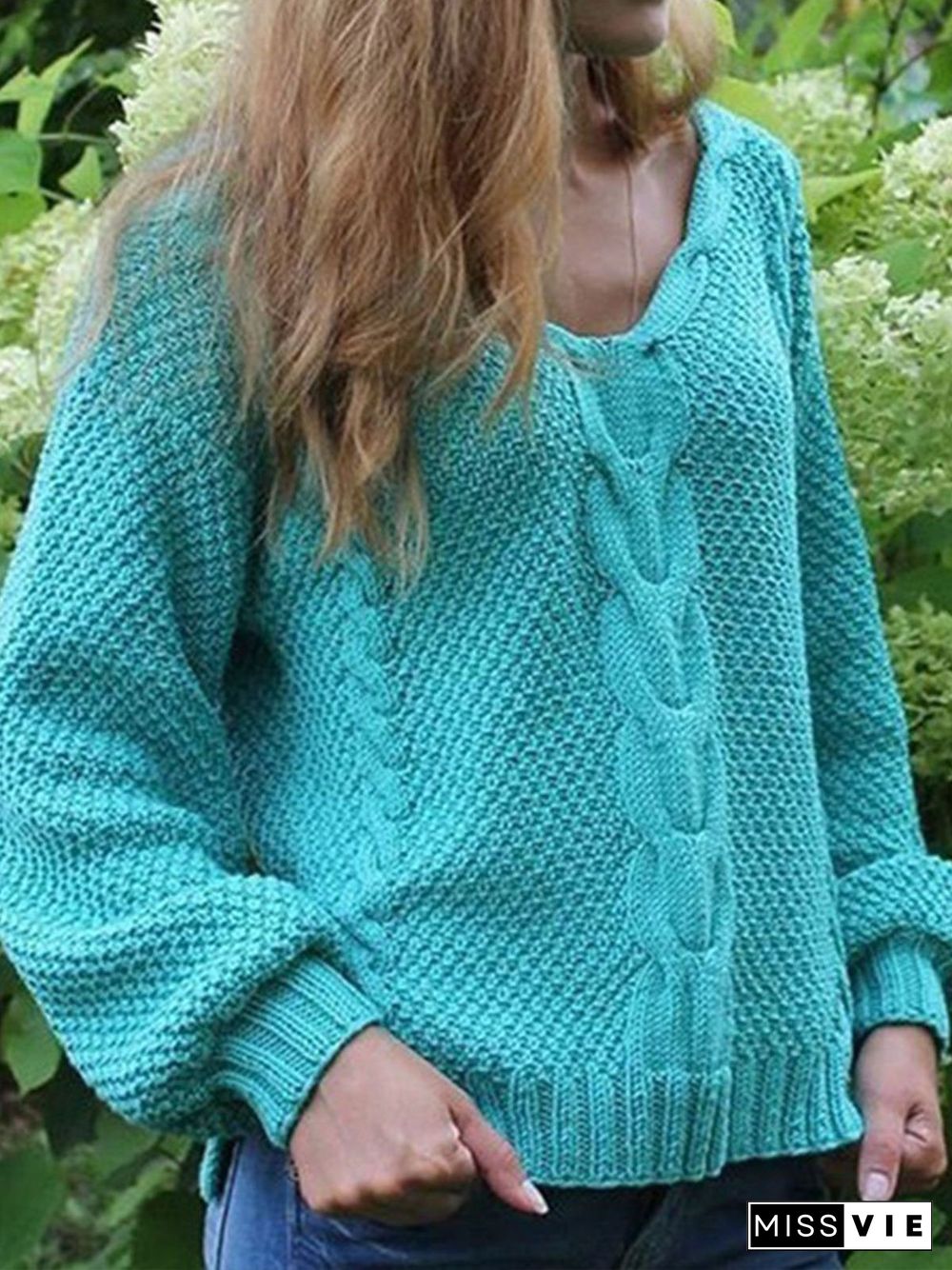 Casual Plain Knitted V-neck Long Sleeve Sweater