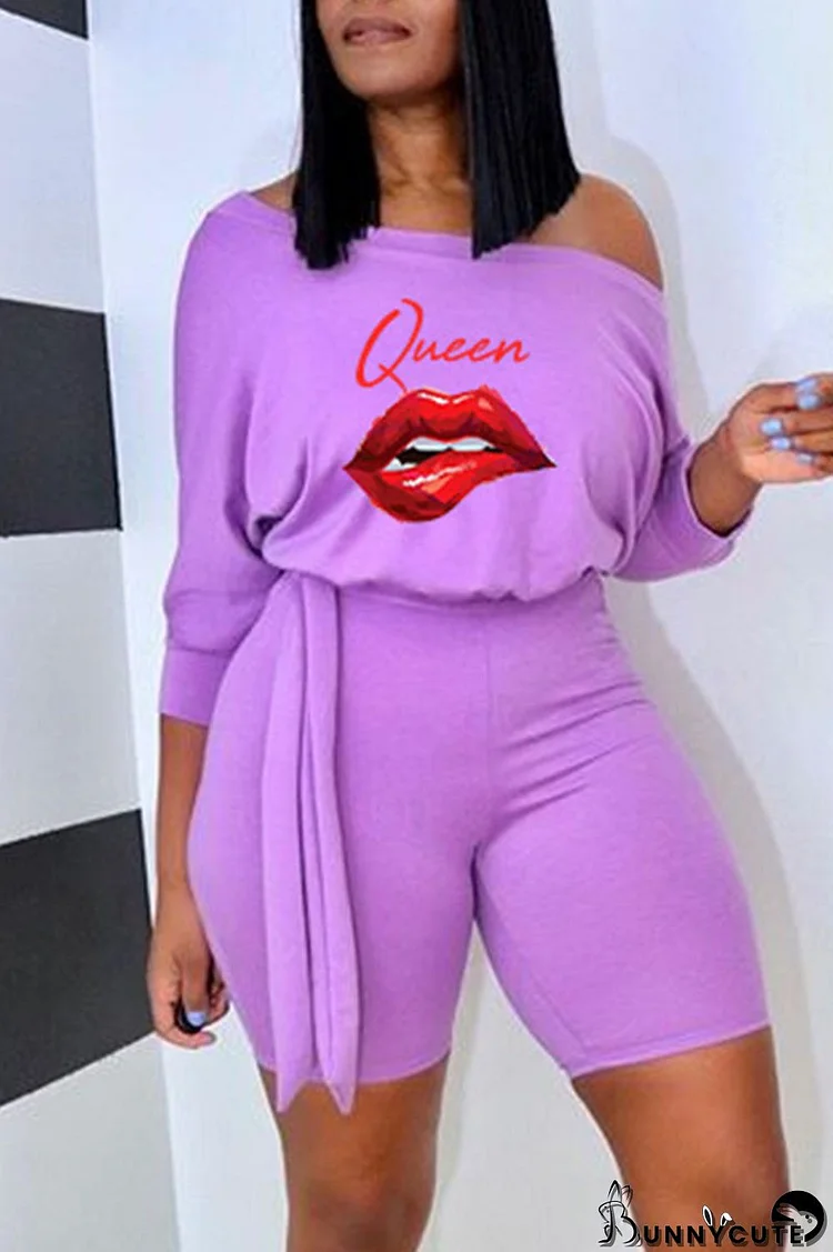 Purple Casual Print Bandage Split Joint Off the Shoulder Straight Jumpsuits