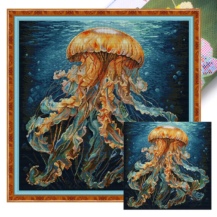 【Joy Sunday Brand】Deep-Sea Jellyfish 53*55cm 14CT Stamped Canvas Cross Stitch gbfke