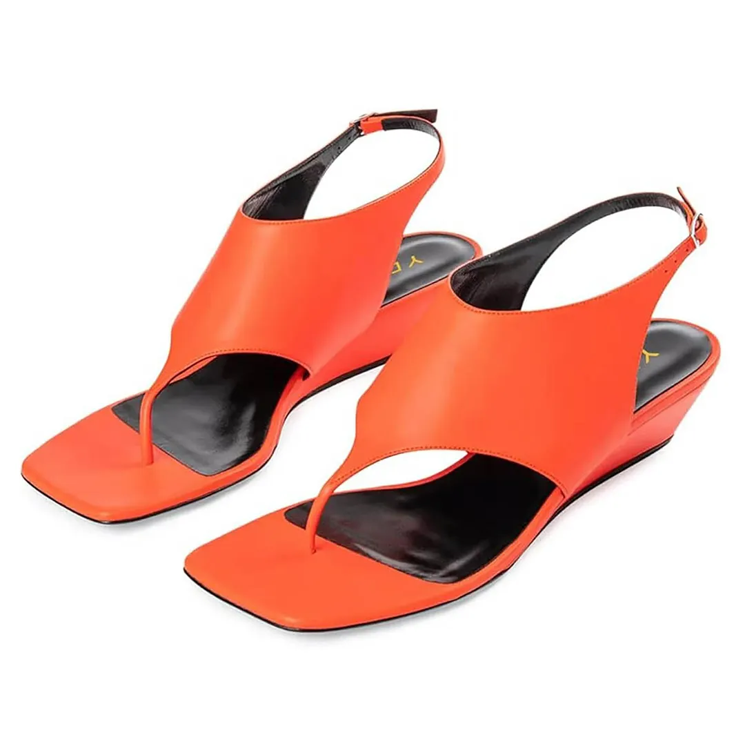 Orange Square Toe Flip Flops Ankle Strap Sandals with Wedge Heel