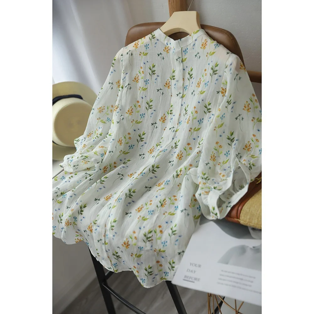 Uveng Uveng Goods Export Counter Original Single Tail Goods Elegant Age-Old Bubble Sleeve Print White Shirt Top Woman