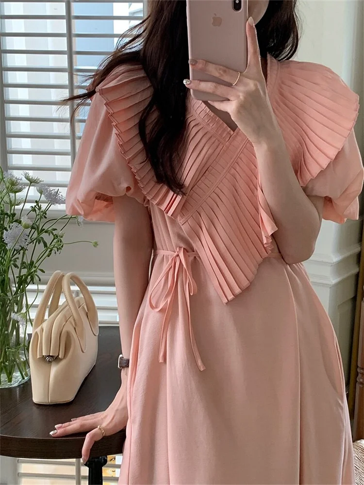 Lady Solid Color V-Neck With Ruffles Puff Sleeve Maxi Dress  