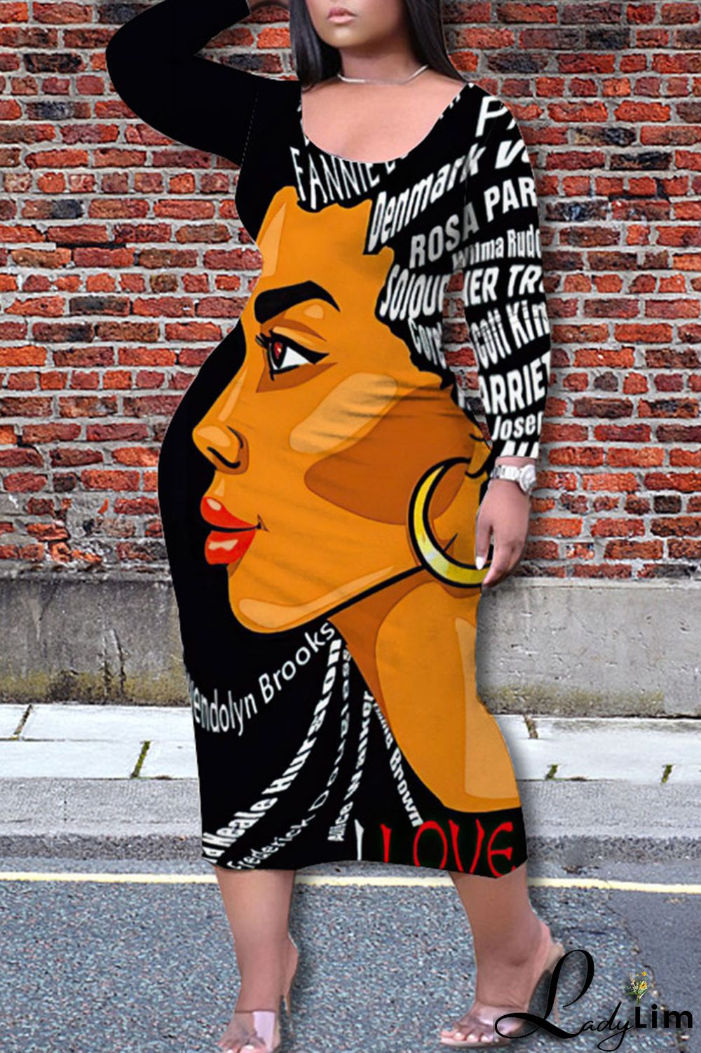 Black Brown Casual Print Patchwork O Neck One Step Skirt Plus Size Dresses