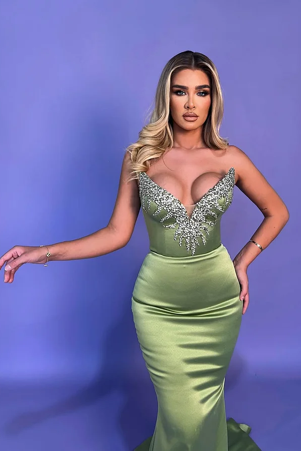 Daisda Green Sleeveless Strapless Deep V-Neck Beads Mermaid Prom Dress