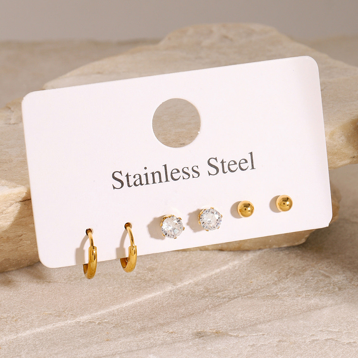 Jie Ding Three Pairs Of Stainless Steel Hoop Earrings Zircon Earrings Niche Earrings Titanium Steel