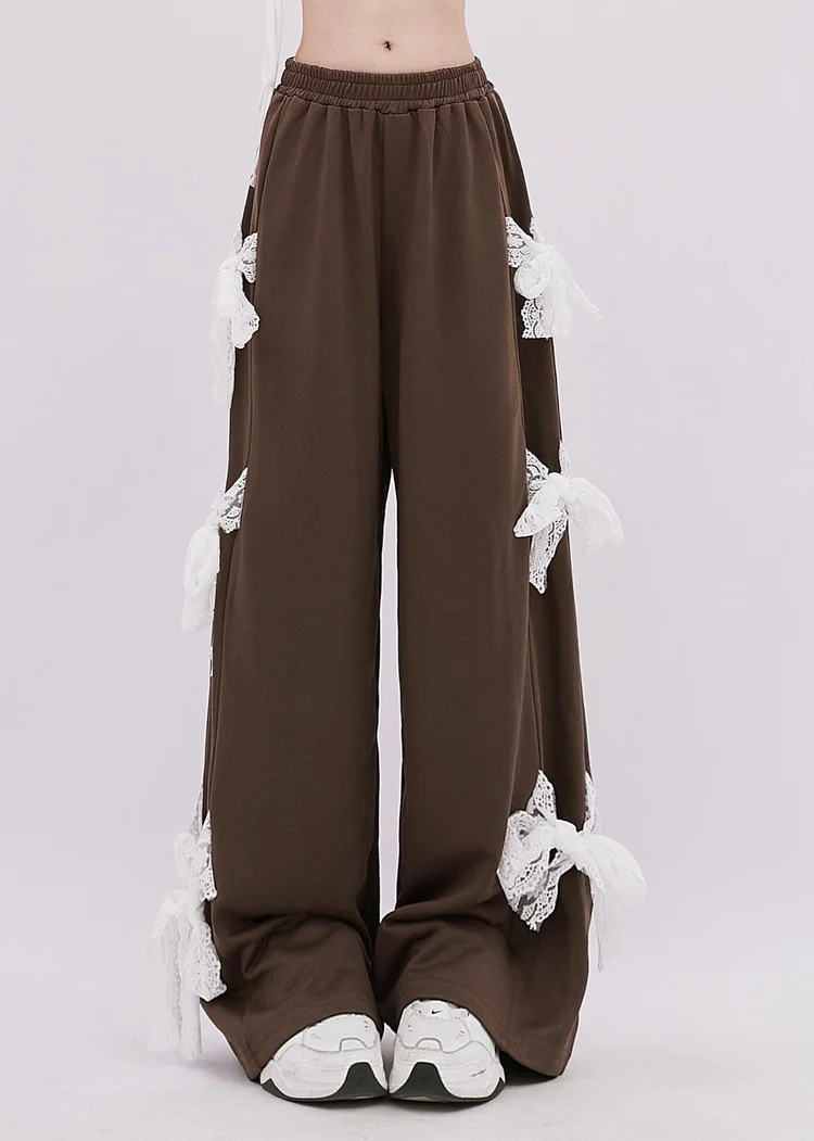Italian Brown Patchwork Bow Cotton Wide Leg Pants Spring