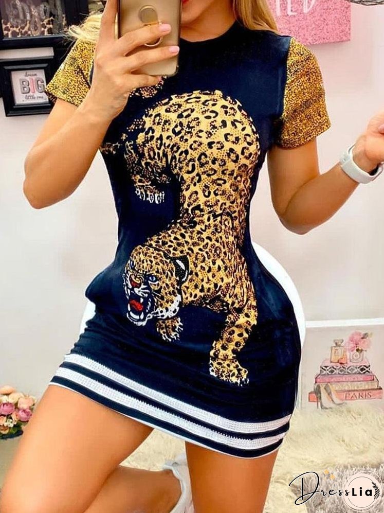 Tiger Print Short Sleeve Casual Dress