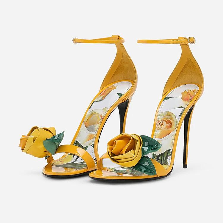 Yellow Patent Leather Floral Trim Ankle Strap High Heel Sandals |FSJ Shoes