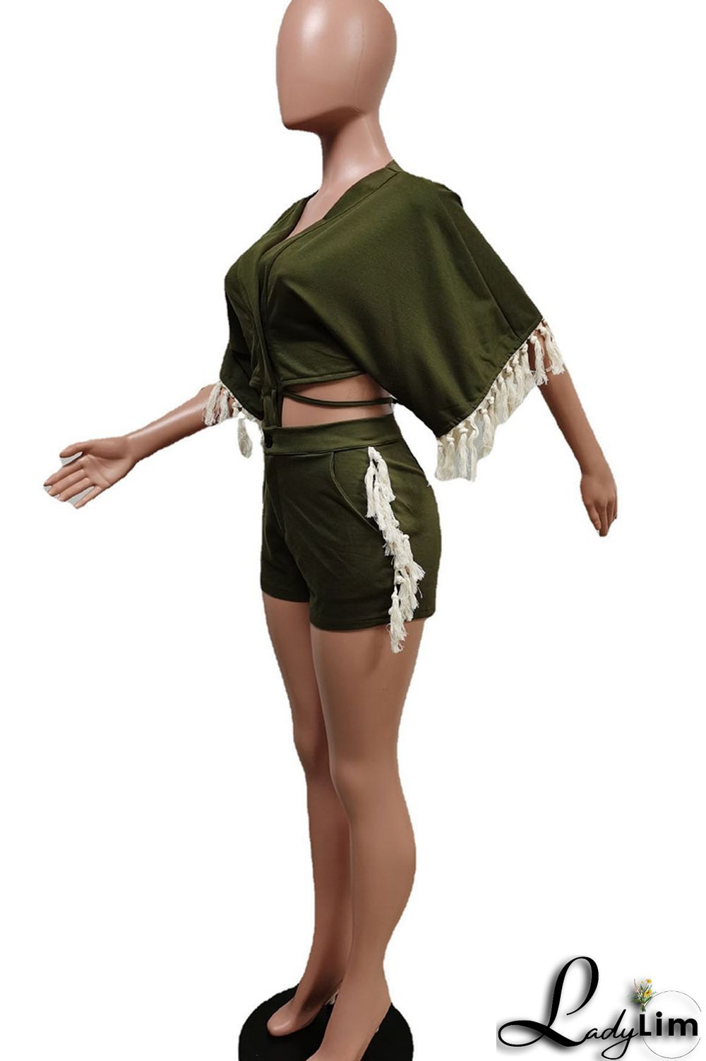 Tangerine Red Casual Solid Tassel Bandage Split Joint Buckle V Neck Half Sleeve Two Pieces