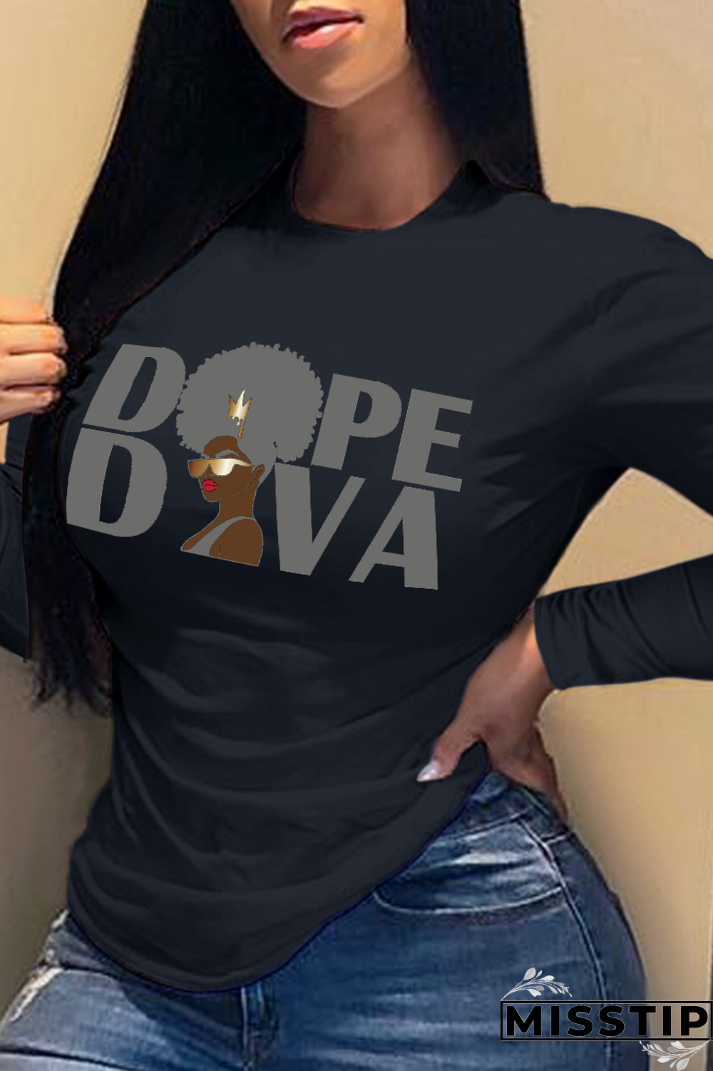 Black Street Vintage Print Patchwork O Neck Tops