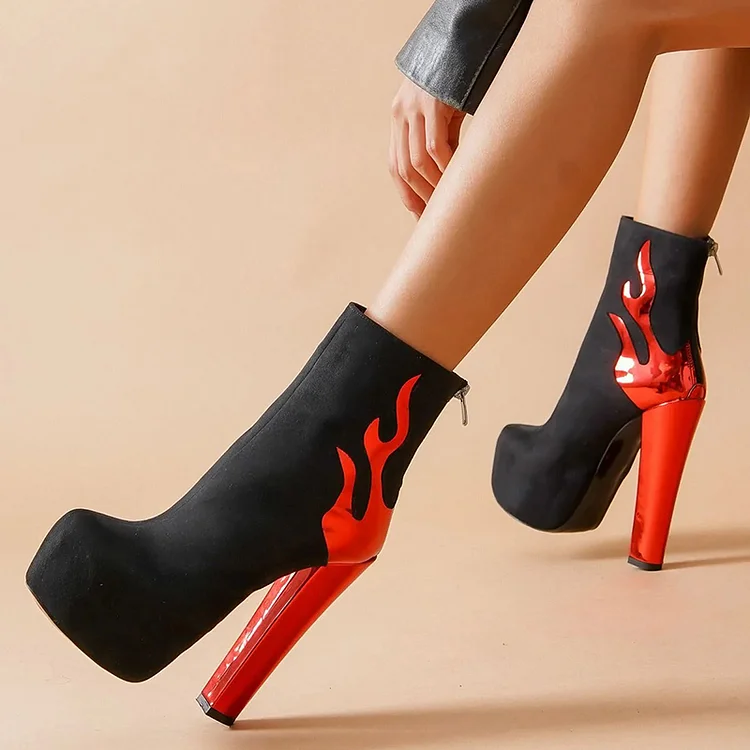 Black & Red Round Toe Ankle Boots Chunky Heel Halloween Shoes |FSJ Shoes