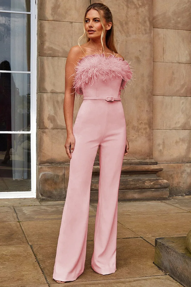 Elegant Feather Tube Belt Party Flare Jumpsuit