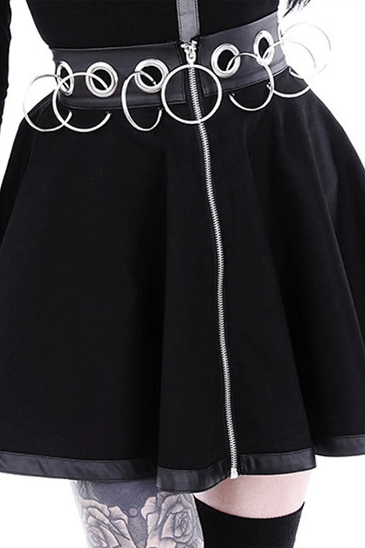 Gothic Black Party Patchwork Metal Rings Hollow Out Zipper A-line Skirt