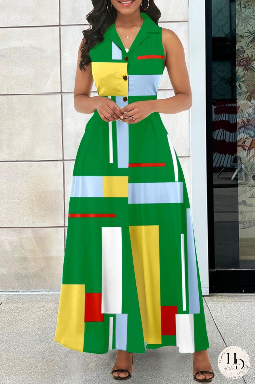 Red Casual Print Patchwork Turndown Collar Long Dress Dresses