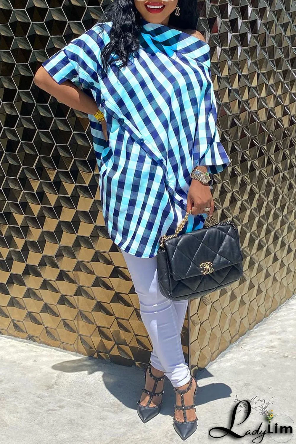 Black Casual Plaid Print Patchwork Asymmetrical Oblique Collar Tops