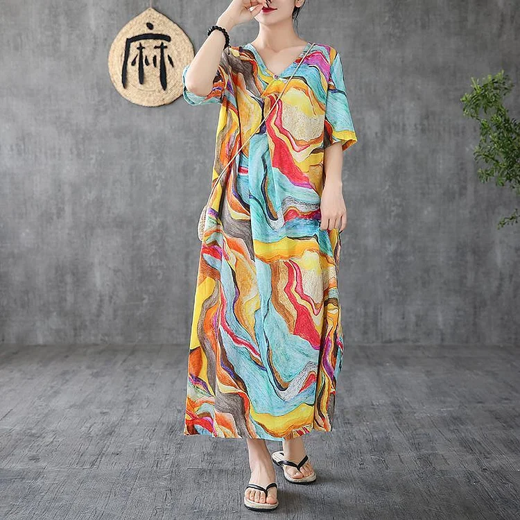 Women o neck short sleeve linen Long Shirts Sewing yellow print Dress