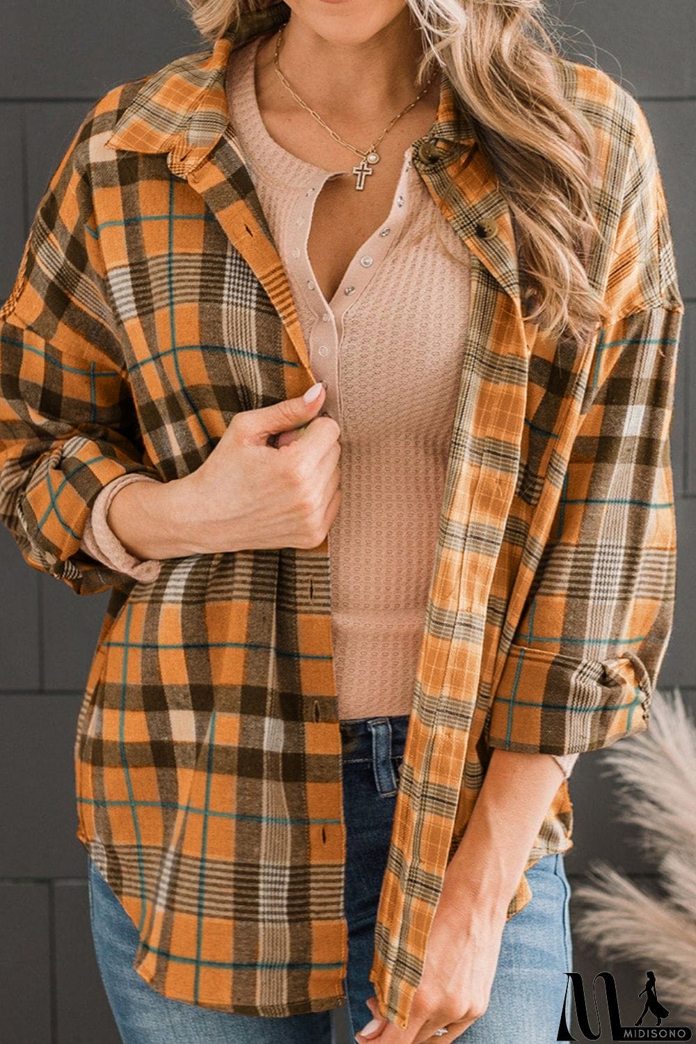 MidiSono - Plaid Collared Neck Long Sleeve Button-Up Shirt