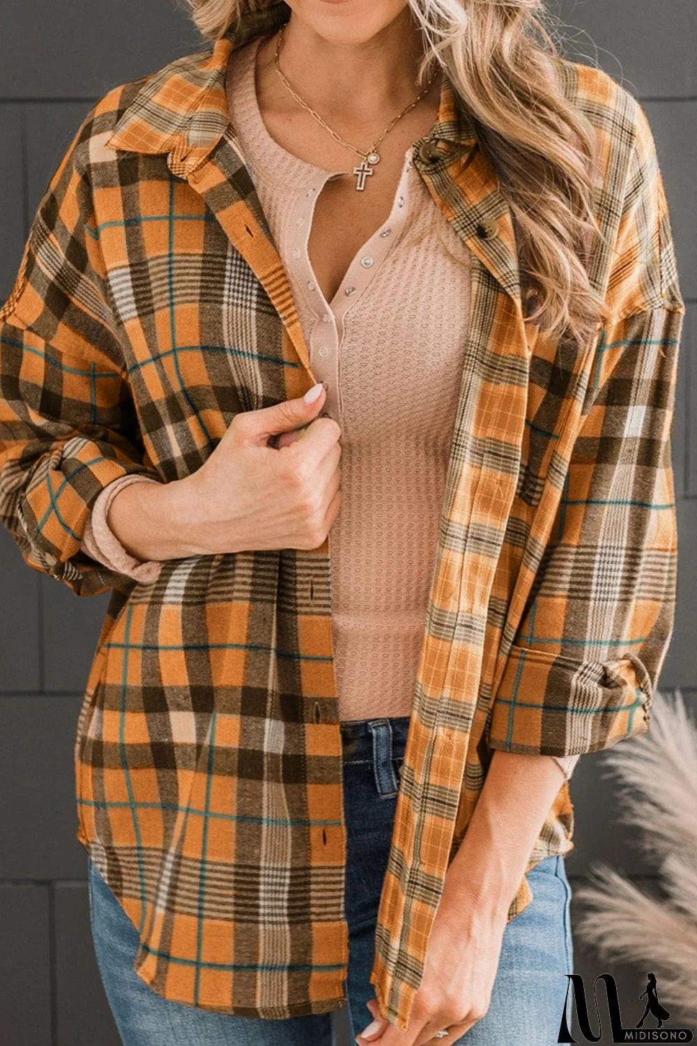 MidiSono - Plaid Collared Neck Long Sleeve Button-Up Shirt