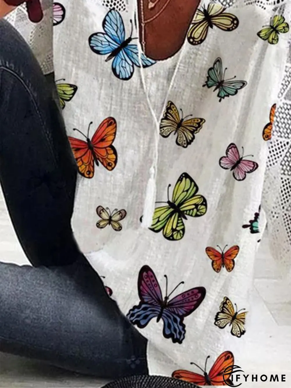 3/4 Sleeve Printed Casual Cotton-Blend Top | IFYHOME