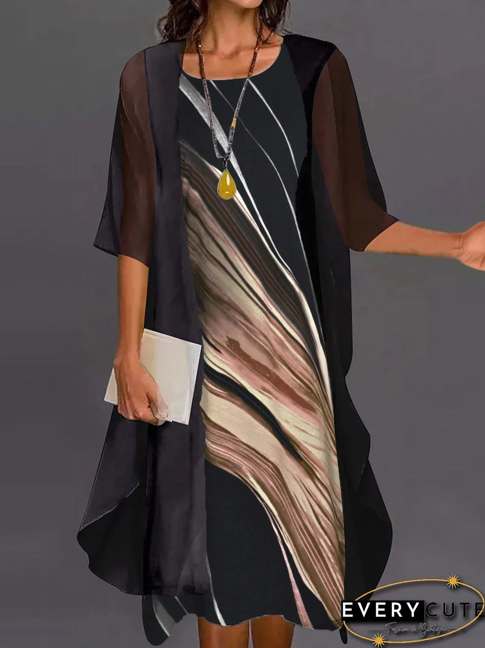 Women's Half Sleeve Scoop Neck Graphic Printed Two-piece Midi Dress