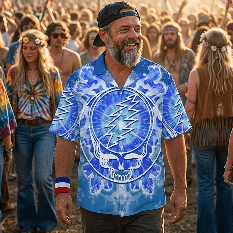 Vintage Grateful Dead Skull & Bear &Terrapin Graphic Cuban Collar Short Sleeve Shirt &ndash; Unisex Retro Cotton Top
