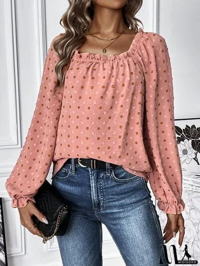 Swiss Dot Square Neck Flounce Sleeve Blouse