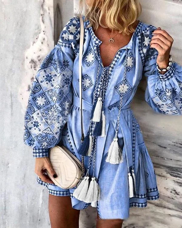Plus Size Skater Floral V-Neckline Casual Tassel Plus Dress