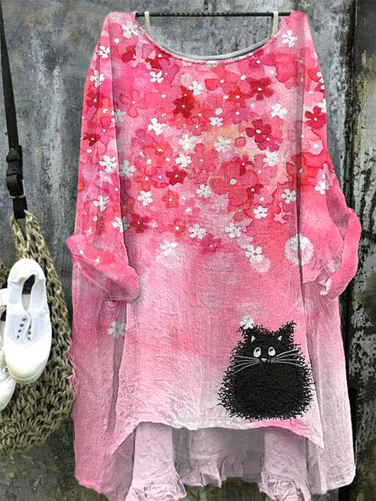 Comstylish Sakura Black Cat Print Cotton Blend Shirt