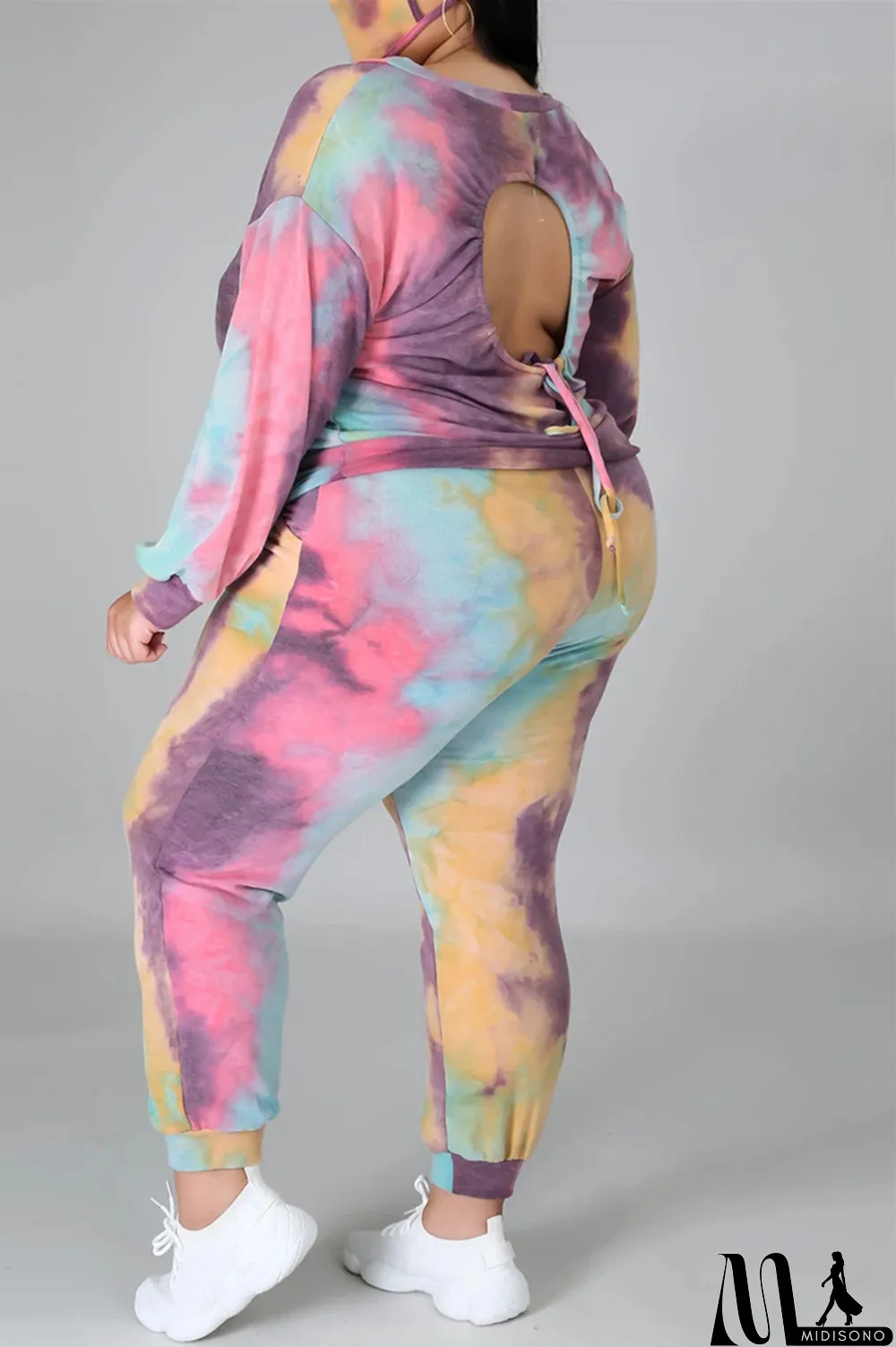MidiSono - Multicolor Fashion Casual Print Tie Dye Backless O Neck Plus Size Two Pieces