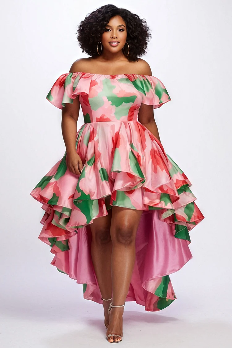 Xpluswear Design Plus Size Party Multicolor All Over Print Off The Shoulder Cap Sleeve High Low Hem Elegant Ruffle Satin Mini Dresses [Pre-Order] 2024 - Xpluswear