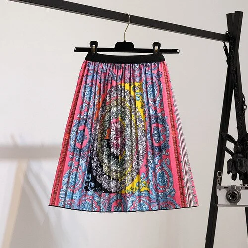 Summer Fashion Brand Print Cartoon Satin Pleated Skirts Womens High Waisted  Midi Skirt Female Linning Jupe Streetwear