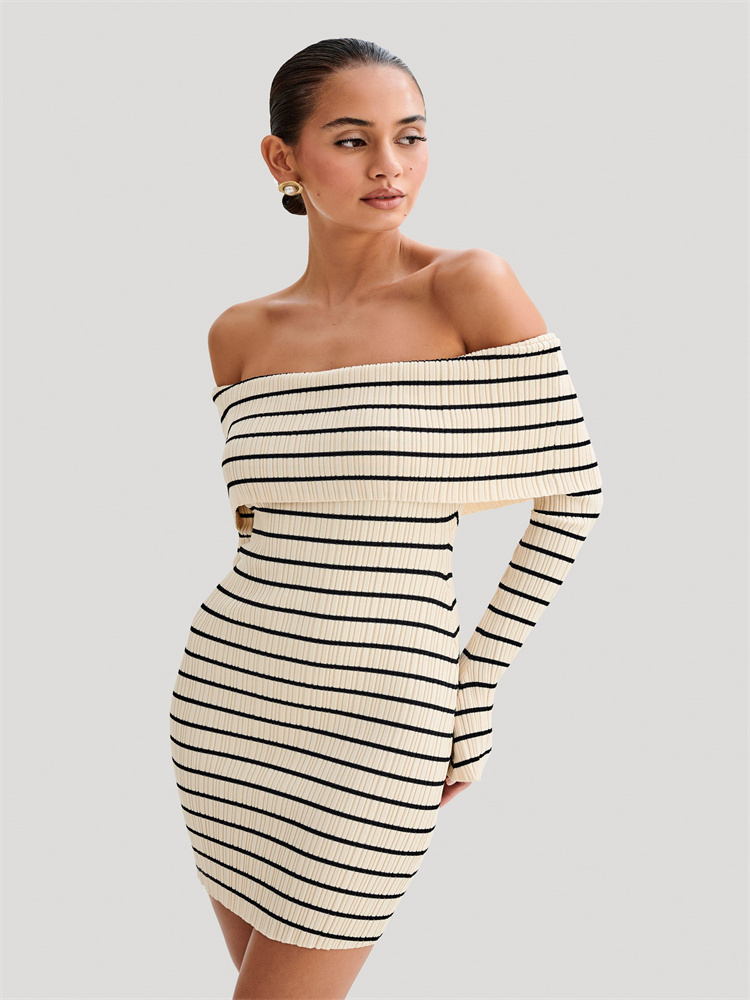 Ootddress Striped Knit Sweater Mini Dress For Women Bandeau Backless Elegant Fashion Summer Contrast Party Dress Knitwear Mini Dress