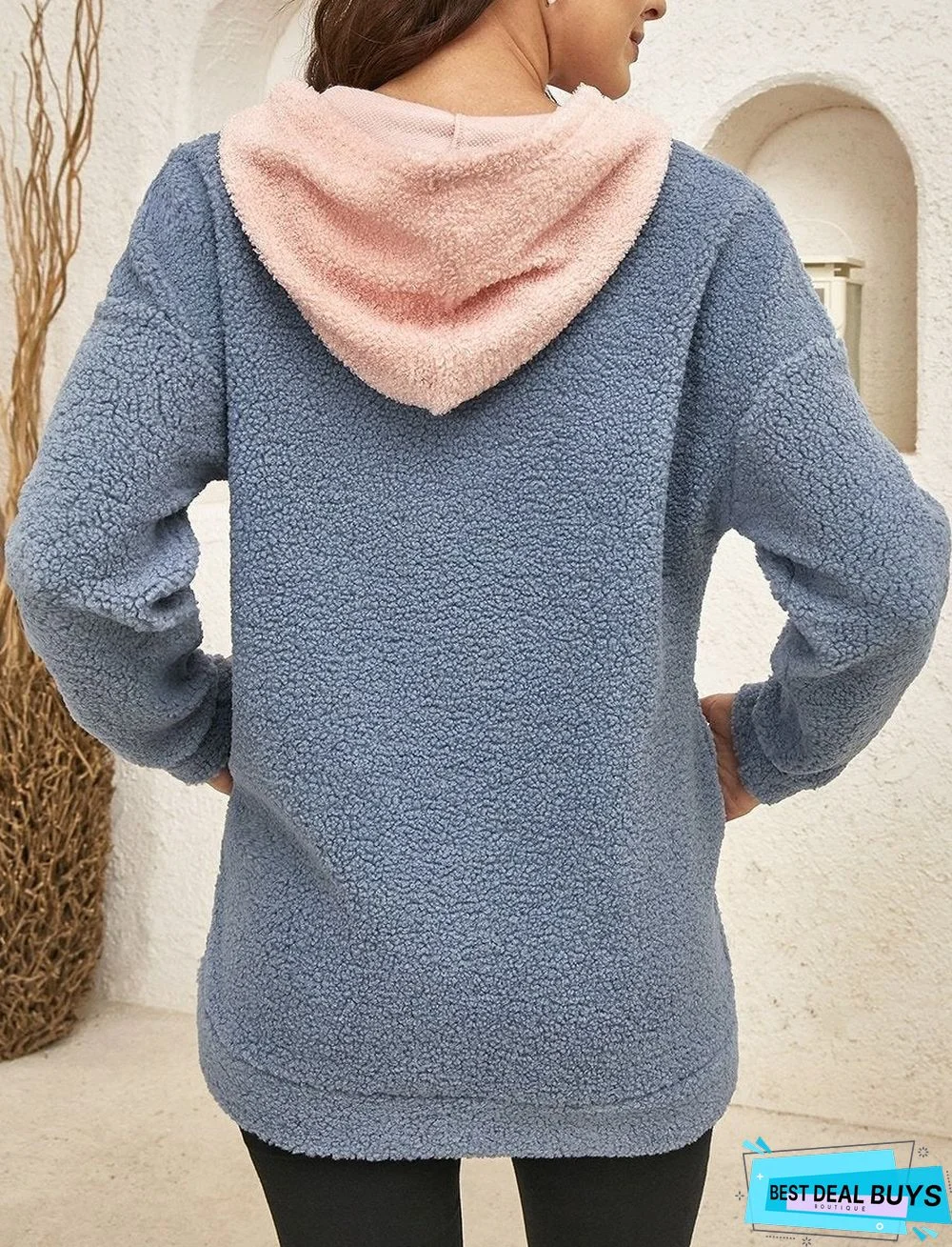 Ladies Color Block Teddy Wool Long-sleeved Patch Pocket Sweater