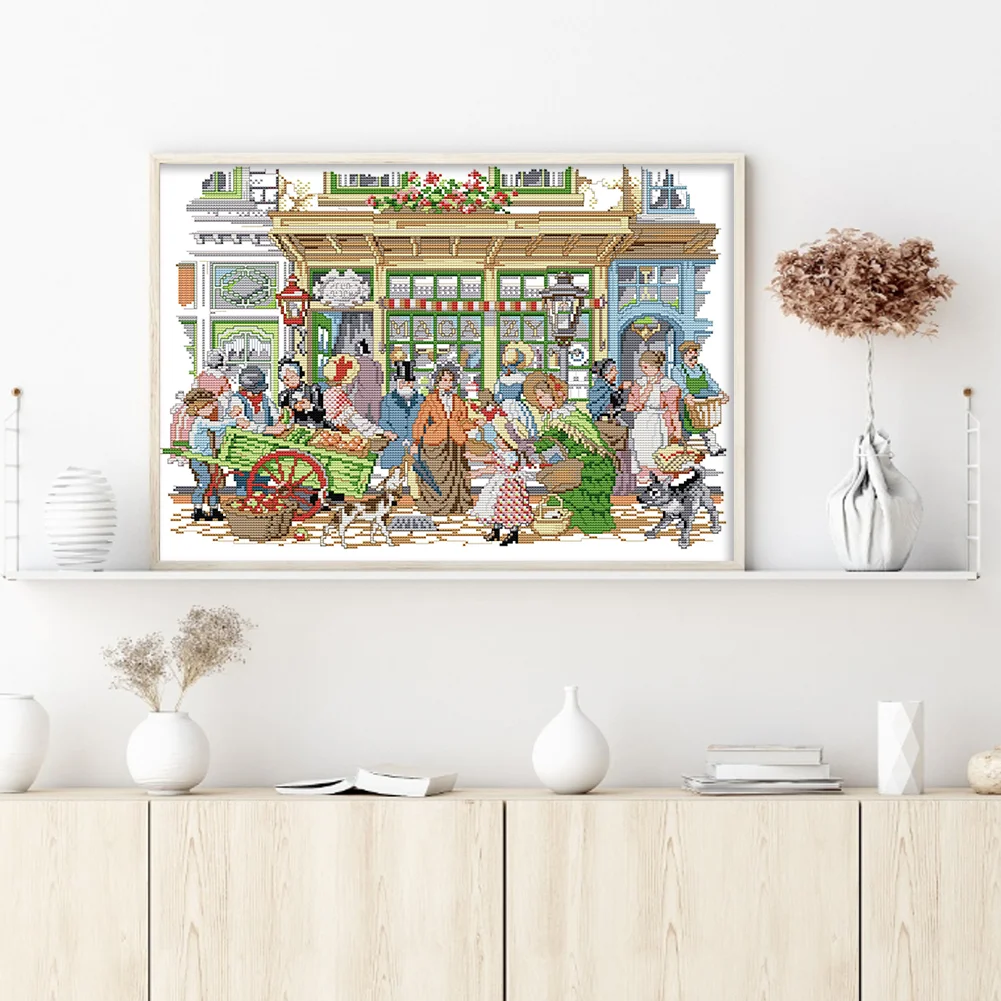 DIY Stamped Cross Stitch 14CT Partial Embroidery 48*36cm - Bustling Street Market