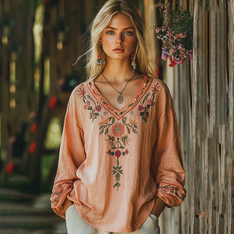 Simpfit Vintage Boho Floral Drucken Art Gemütliches Nachahmung aus Baumwolle und Leinenhemd