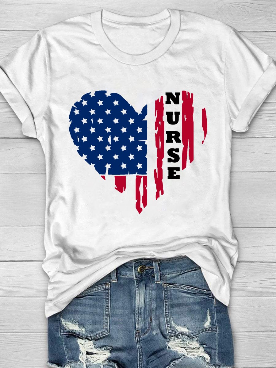 Nurse Flag Heart Print Short Sleeve T-Shirt