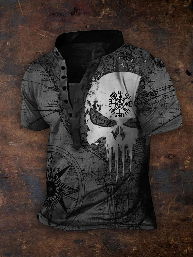 Men's Viking Vegvisir Skull Vintage Map Henley Shirt