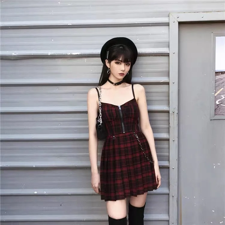 Red plaid spaghetti strap on sale dress